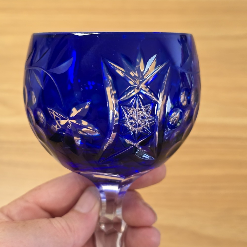 Beyer Crystal Hock Wine Glass Blue Vintage Good Cut to Clear Bleikristal Germany - Picture 2 of 10